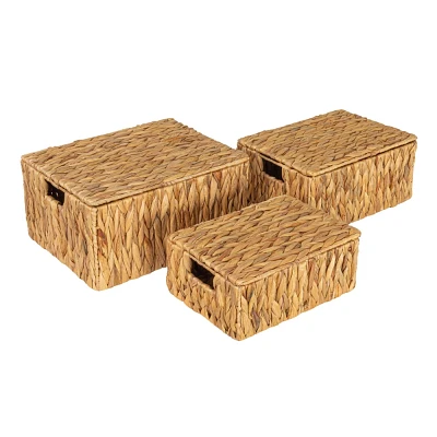 Household Essentials Rectangular Water Hyacinth Nesting Basket Set with Lid Natural Set of 3