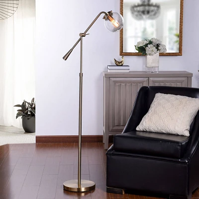 Reagan Contemporary Ribbed Glass Globular Shade Floor Lamp Antique Brass Finish - StyleCraft