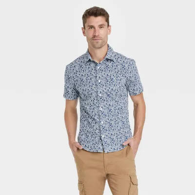 Men Floral Short Sleeve Poplin Button-Down Shirt