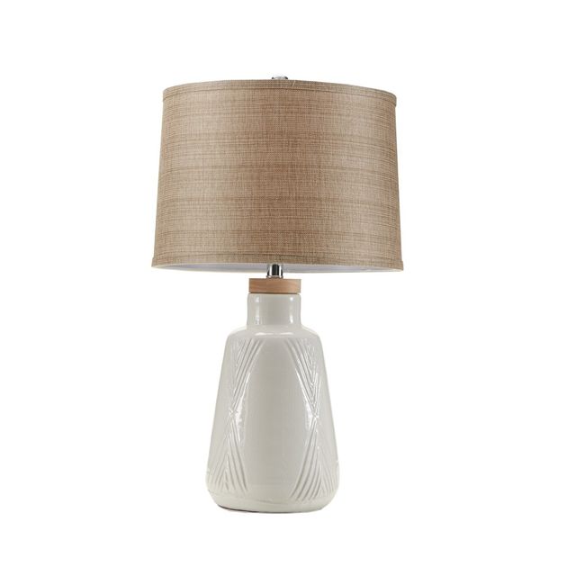 Hampton Hill Tate Boho Textured Ceramic Table Lamp: Natural Wood, Beige Drum Shade, E26 Base