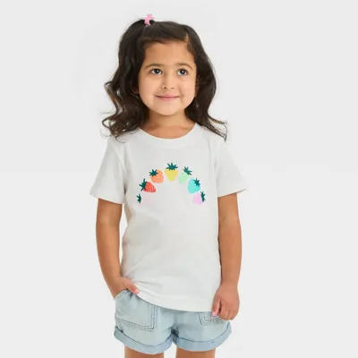 Toddler Girls Strawberry Rainbow Short Sleeve T-Shirt - Cat & Jack White 12M: Crewneck, Jersey