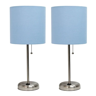 Creekwood Home Set of 2 Contemporary Bedside Brushed Steel Table Lamps with Power Outlet Blue Shade