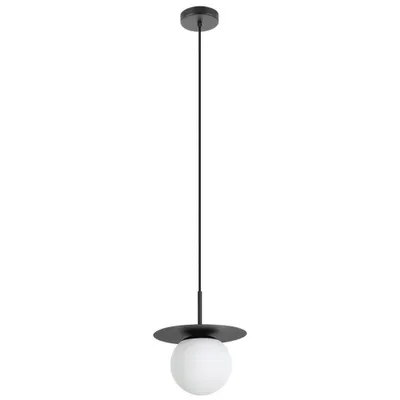 1-Light Arenales Mini Pendant Structured Black Finish with White Opal Glass Shade - EGLO: Adjustable, Vintage Style