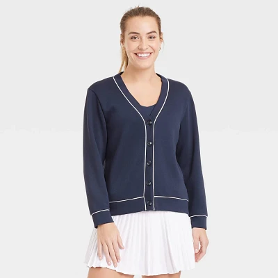 Womens Piped Button-Up Cardigan