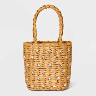 Mini Embellished Straw Bucket Bag - A New Day Beige