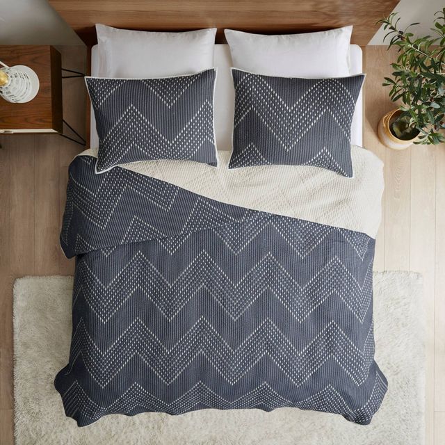 3pc Full/Queen Pomona Cotton Embroidered Coverlet Set Navy: Ink+Ivy, Contemporary Geometric Percale, Includes 2 Shams