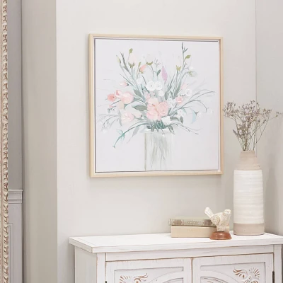 Canvas Floral Bouquet Framed Wall Art with Tan Frame - Olivia & May: Botanical Painting, Farmhouse Decor Style