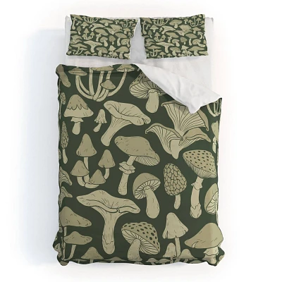 Deny Designs Full/Queen Avenie Mushroom In Black Forest Duvet Cover and Pillow Sham Green