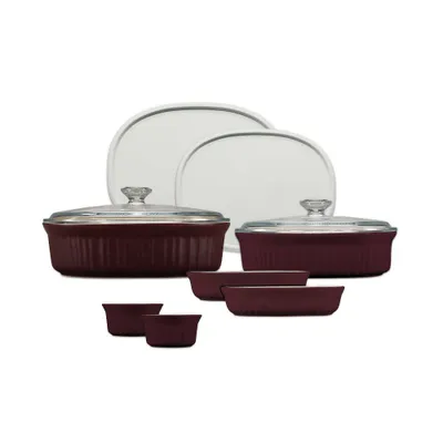 CorningWare French Colors 10pc Ceramic Bakeware Set - Cabernet: 1.5 & 2.5 qt Round Dishes, Ramekin, Dishwasher-Safe