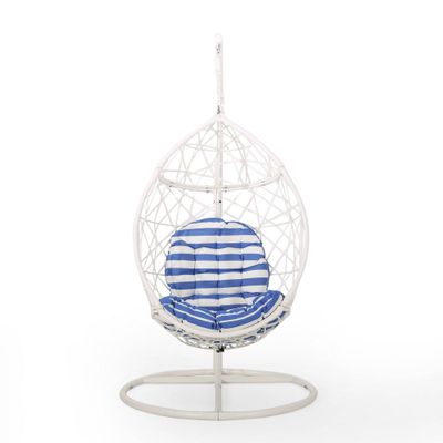 Cayuse Outdoor Wicker Tear Drop Hanging Chair - White/Blue - Christopher Knight Home: Iron Frame, Water-Resistant