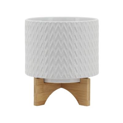 Sagebrook Home 8 Wide Chevron Pattern Ceramic Planter Pot with Wooden Stand White: Modern Floor Planter, No Drainage Hole