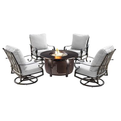 5pc Set with 44 Round Outdoor Aluminum Fire Table & Four Swivel Rocking Chairs & Wind Blocker Lid - Oakland Living: Weather-Resistant