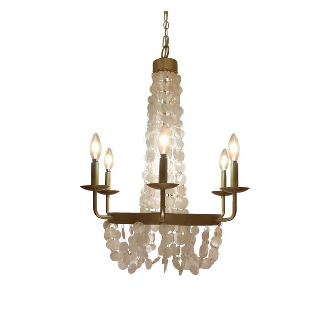 27.5 6-Arm Capiz Shell Candelabra Chandelier Brushed Gold - River of Goods: Seaside Elegance, UL Listed, Adjustable Height