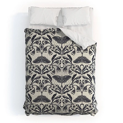 Deny Designs 3pc Full/Queen Sewzinski Luna Moth Moon Flowers Pattern Comforter and Pillow Sham Set Black: Abstract Design, Non-Woven Fabric