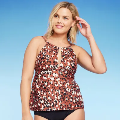 Womens Leopard Print High Neck Keyhole Tankini Top