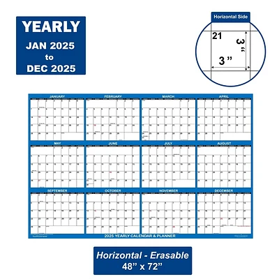 2025 Wall Calendar, 48 x 72, Over-sized SwiftGlimpse Erasable, Wet and Dry Erase Laminated 12 Month Annual Calendar. Horizontal, Navy