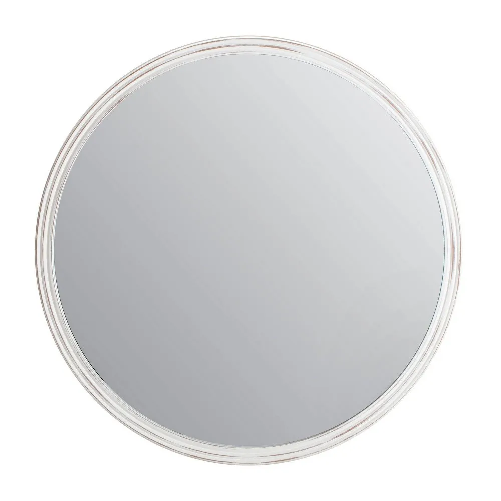 Brewster 30 Round Carved Frame Wall Mirror White: Distressed Finish, No Assembly Required