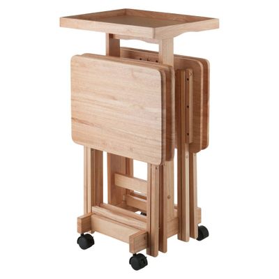 6pc Snack Table Set - Natural - Winsome: Hardwood Construction, Foldable with Wheeled Storage Frame