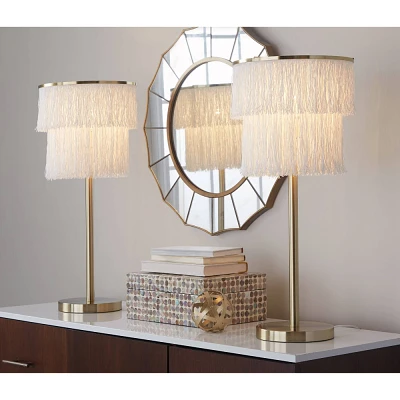 LumiSource (Set of 2) Fringe 25 Contemporary Metal Buffet Lamps Royal Gold Metal and White Fringe from Grandview Gallery: Elegant Accent Lighting