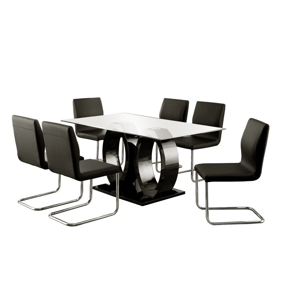 7pc Spearelton Double Oval Pedestal Dining Table Set  - HOMES: Inside + Out: Modern Chrome-Legged Chairs, Glass Top