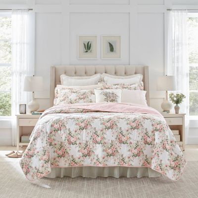 Joyce 3pc Cotton Quilt & Sham Set Pink - Laura Ashley: Floral Pattern, Machine Washable, Midweight Fabric