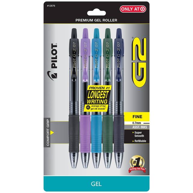 Pilot 5ct G2 Gel Pens Fine Point 0.7mm Assorted Inks: Retractable Colored Pens with Rubber Grip, Purple, Green, Blue, Black