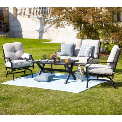 Patio Festival 4pc Steel Patio Conversation Set : Outdoor Sofa Group with Spring Motion Chairs, Foam Cushions, Powder-Coated Frame