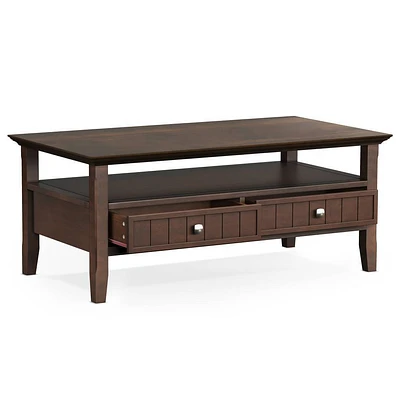 WyndenHall Normandy Coffee Table with Drawer Brunette Brown: Storage Shelf, Pine Frame, Lacquered Finish