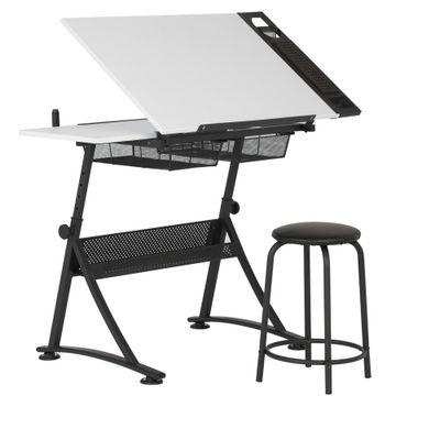 2pc Fusion Craft Center Black/White - Studio Designs: Modern Adjustable Angle Drawing Desk with Drawer, Metal Frame