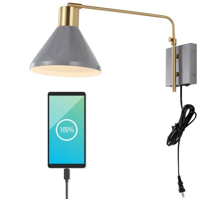 20.5 LED 1-Light Max Swing Arm Mid-Century Iron USB Charging Port Wall Sconce Gray/Brass - JONATHAN Y: Adjustable, Plug-In Fixture