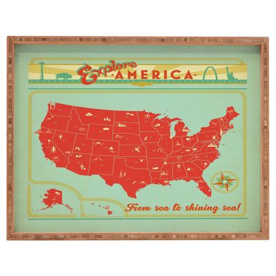 Deny Designs Anderson Design Group Explore America Rectangle Tray - Red: Wood Serving Platter, 18x14