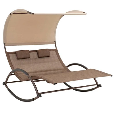 Outdoor Double Chaise Lounge Chair Rocking Bed with Sun Shade & Wheels - Brown - Crestlive Products: Patio Pool Furniture, UV-Resistant