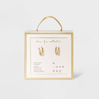 14K Gold Plated Cubic Zirconia Double Hoop Earrings - A New Day