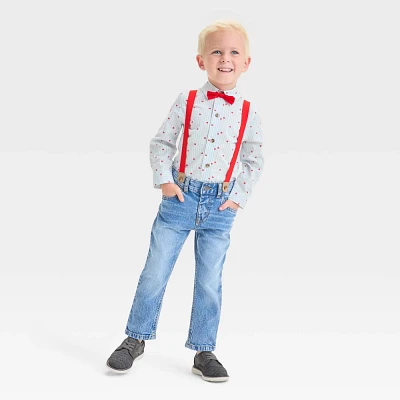 Toddler Boys Valentines Day Heart Print Bow Tie Shirt and Denim Suspender Set