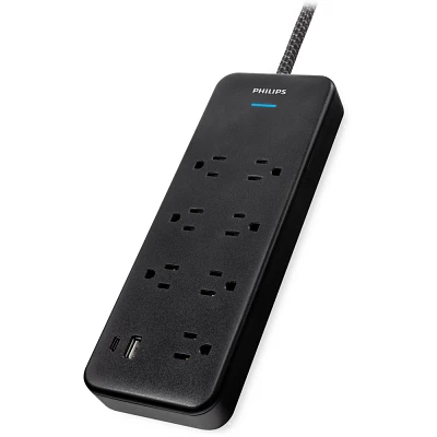 Philips Surge Protector 4ft 7 Outlet Adapter-Spaced USB-A USB-C 1500 Joules Braided Cord - Black