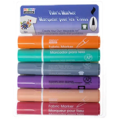 Fabric Brush Markers 6ct Marvy Uchida -Pastel: Non-Toxic, Fine & Bold Tips, School Supplies for Kids, Ages 12+