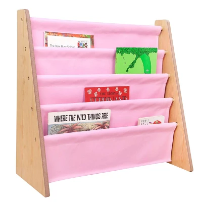 WildKin Vegan Leather Kids Original Sling Bookshelf Natural Wood with Light Pink: 4 Shelves, MDF Frame, Ages 3-10