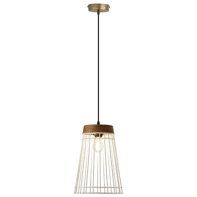 River of Goods 10 1-Light Alora White Metal and Brown Wood Pendant: Brushed Gold-Finish, Adjustable Height, UL Listed