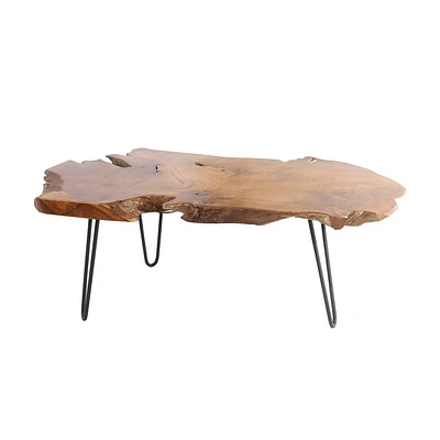 Olivia & May Teak Wood Handmade Live Edge Coffee Table with Black Metal Hairpin Legs Brown: Nautical Coastal No Assembly