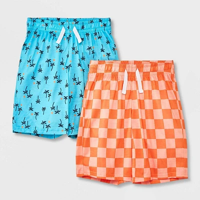 Boy 2pk Palm Tree Printed and Checkered Pajama Short - Cat & Jack Orange/Blue XS