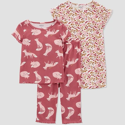 Carter Jut One You Toddler Girl 3pc Short Sleeve Fox and Floral Gown Pajama Set - Pink 12M