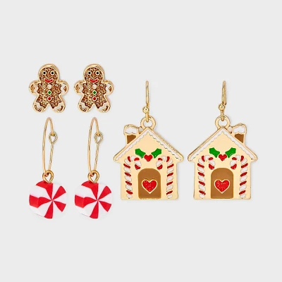 Gingerbread House Mint Earring Set 3pc - Gold