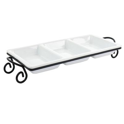 3 Section Divided Porcelain Serving Tray with Metal Rack - Elama: Sectional Serveware, Dishwasher & Microwave Safe