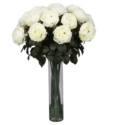 Nearly Natural Fancy Rose Silk Floral Arrangement - White Lifelike Faux Foliage, Elegant Glass Vase