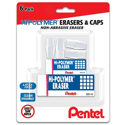 Pentel 6pk Erasers and Caps White: Hi Polymer, Large Vinyl, Latex-Free, Right/Left-Handed Design, Stationery & Office Use