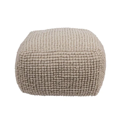 Storied Home New Zealand Pouf Natural: 18 Square Upholstered Ottoman, Wool & Cotton Blend, No Assembly Required