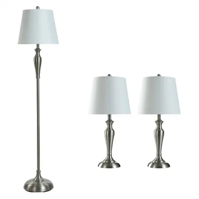 2 Table Lamps & 1 Floor Lamp Brushed Steel, White Shades - StyleCraft: UL Listed, Metal Body, 3-Way Switch