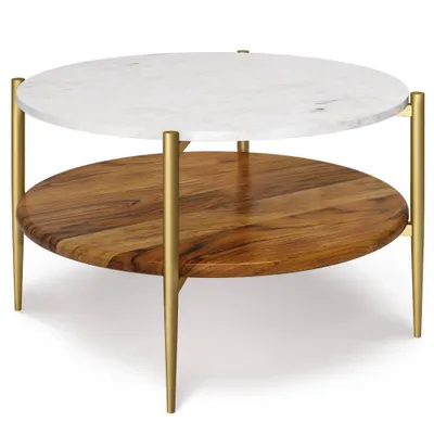 Fleetwood Coffee Table White - WyndenHall: Mid-Century Modern, Acacia Shelf, Antique Brass Frame