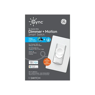 GE CYNC Smart Dimmer + Motion Sensor Light Switch, No Neutral Wire Required: GE Household Lighting, White, Plastic