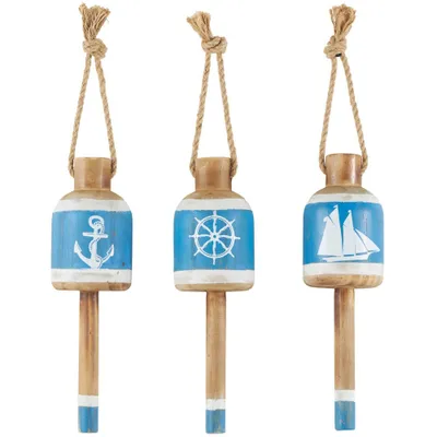 Set of 3 Wood Buoy, Anchor, Sailboat & Ship Wheel Wall Decor with Rope: Olivia & May - Vertical Carved Art